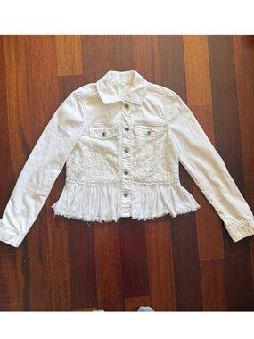 Free People Cream Denim Lace Peplum Jacket Ruffle Raw Hem Size 4 Boho Like New